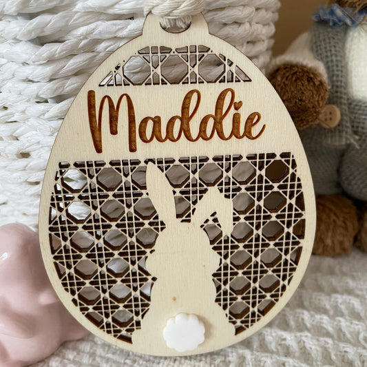 EASTER BUNNY TAG WITH RATTAN PATTERN AND A WHITE ACRYLIC TAIL