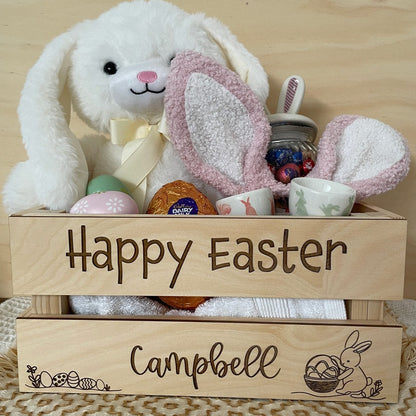 PERSONALISED WOODEN EASTER CRATE - BUNNY WITH EASTER EGG BASKET