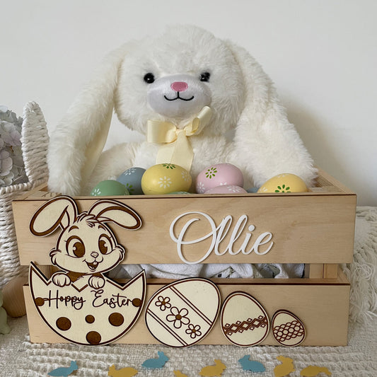 PERSONALISED WOODEN EASTER CRATE - ENGRAVED PEEKING EASTER BUNNY