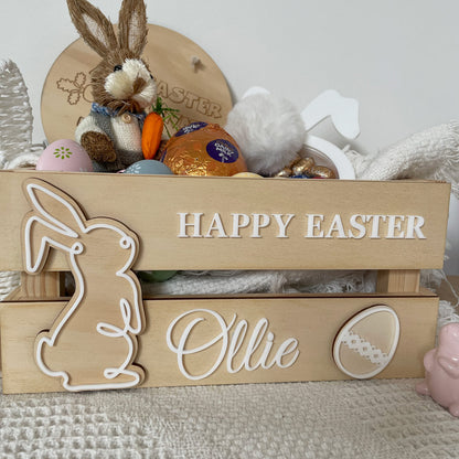 PERSONALISED WOODEN EASTER CRATE - WHITE ACRYLIC EASTER BUNNY