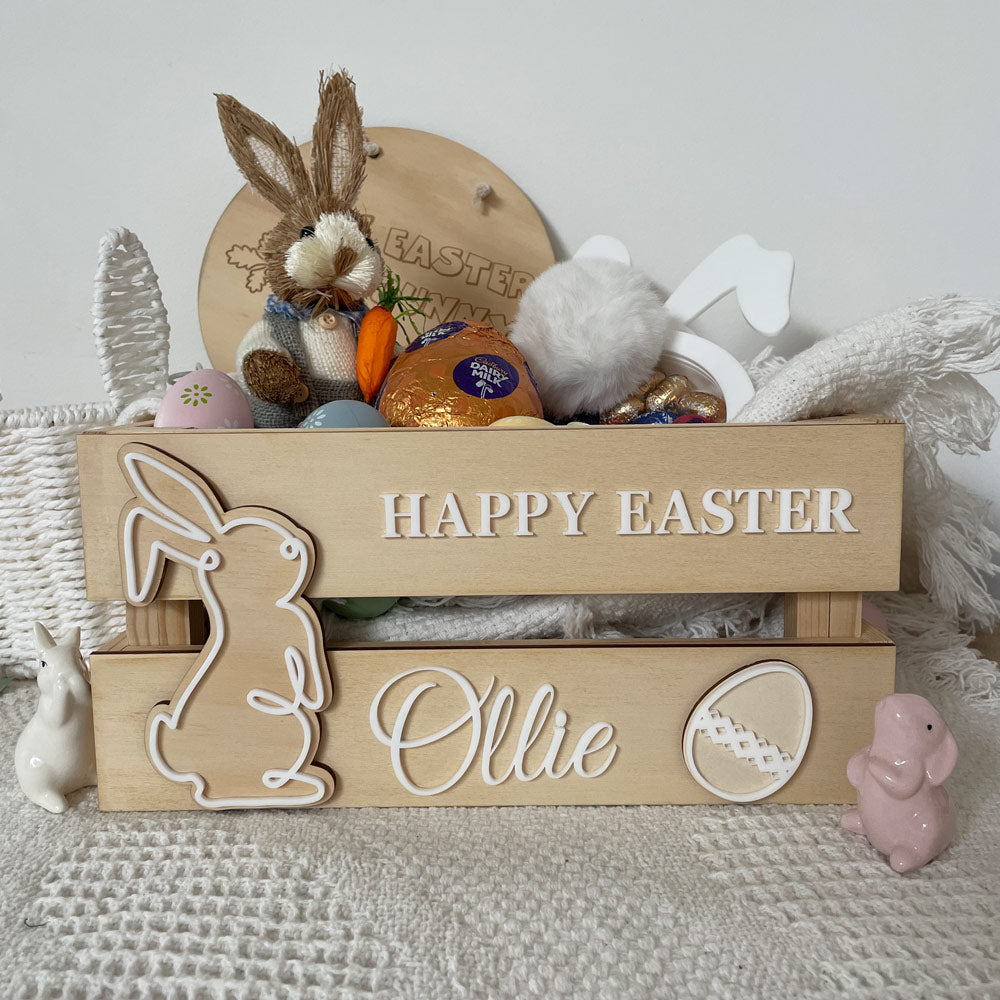 PERSONALISED WOODEN EASTER CRATE - WHITE ACRYLIC EASTER BUNNY