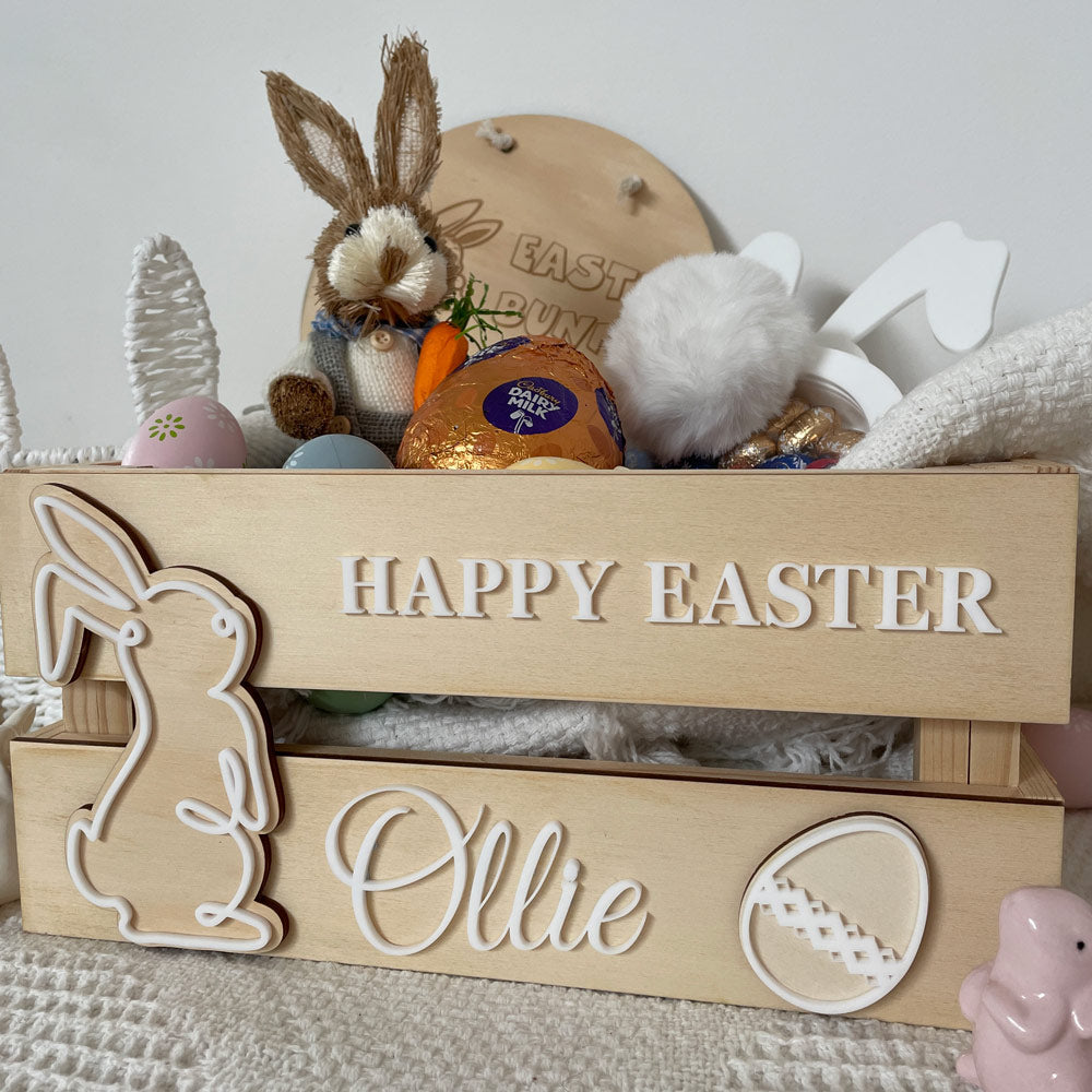 PERSONALISED WOODEN EASTER CRATE - WHITE ACRYLIC EASTER BUNNY