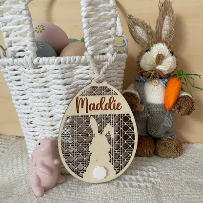 EASTER BUNNY TAG WITH RATTAN PATTERN AND A WHITE ACRYLIC TAIL