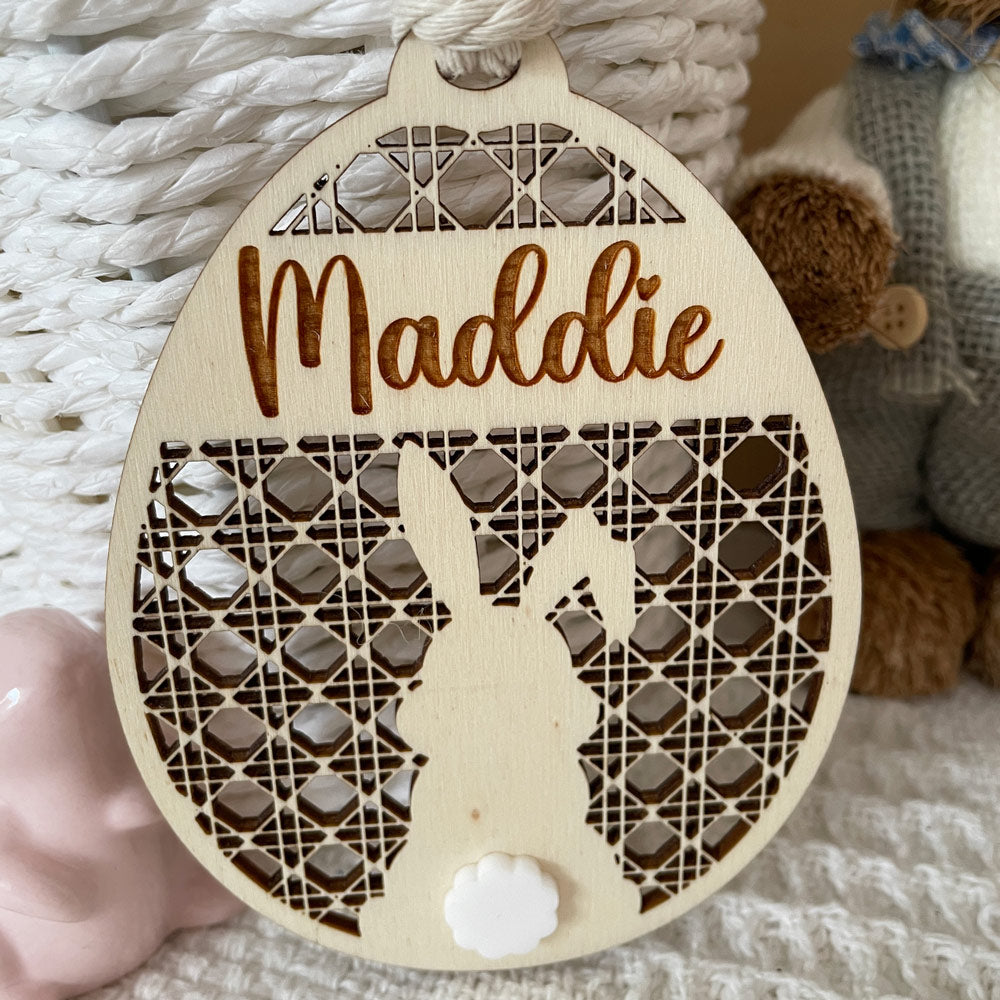 EASTER BUNNY TAG WITH RATTAN PATTERN AND A WHITE ACRYLIC TAIL