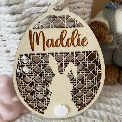 EASTER BUNNY TAG WITH RATTAN PATTERN AND A WHITE ACRYLIC TAIL